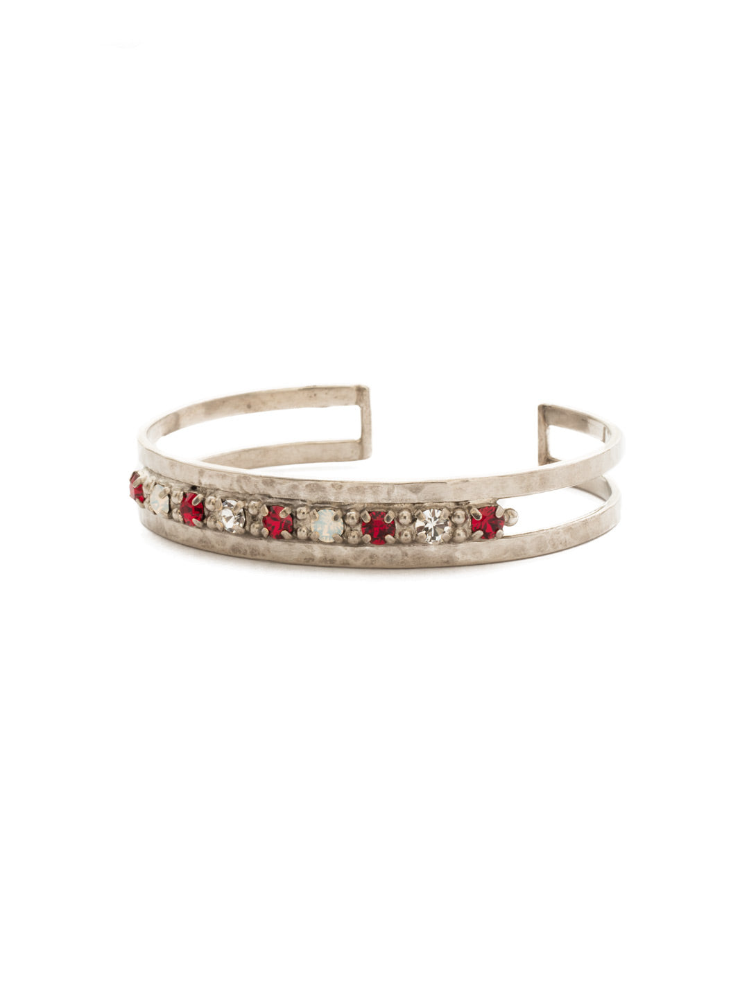 Hammered Metal and Crystal Cuff - BDU49ASCP - <p>Stacking done for you! This unique cuff features a row of crystals set between two thin, hammered metal cuffs. From Sorrelli's Crimson Pride collection in our Antique Silver-tone finish.</p>