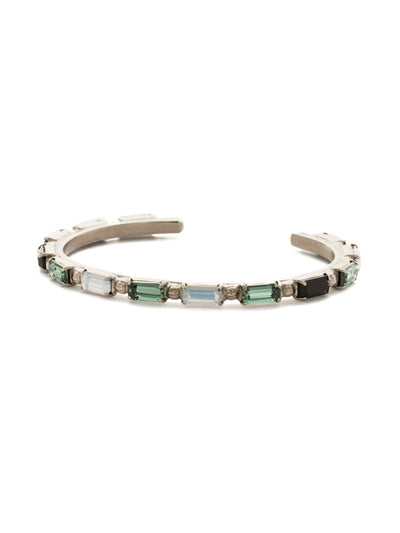 Boho Baguette Cuff Bracelet - BDU50ASGDG - This cuff bracelet features repeating crystal baguettes and metal ball details. From Sorrelli's Game Day Green collection in our Antique Silver-tone finish.