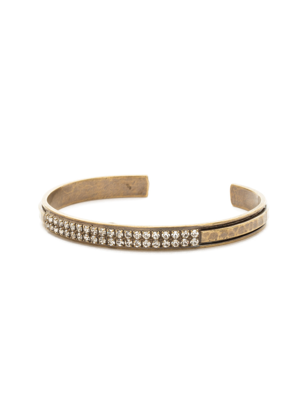 All Lined Up Cuff Bracelet - BDW22AGCRY - Two lines of round crystals on a metal cuff creates this modern design From Sorrelli's Crystal collection in our Antique Gold-tone finish.