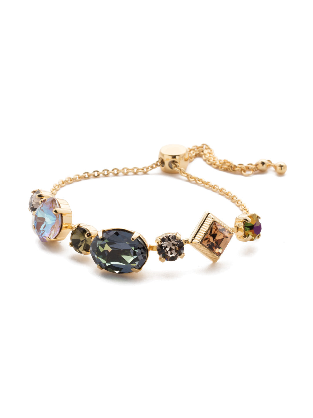 Primavera Slider Bracelet - BEA29BGCSM - A variety of unique, beautiful crystals adorn our charming Primavera classic bracelet, with a delicate chain that can be adjusted to fit every wrist perfectly. From Sorrelli's Cashmere collection in our Bright Gold-tone finish.