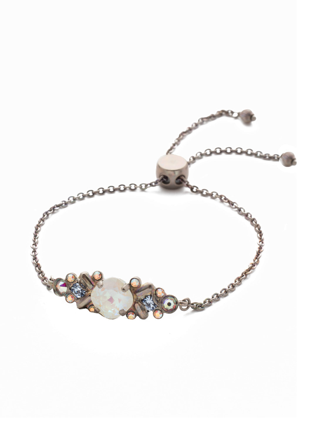Rosina Slider Bracelet - BEA30ASGLC - <p>Perfect for any occasion, our Rosina classic bracelet features a variety of different sized circular crystals nestled in a detailed center piece, with an adjustable chain completing this unique piece. From Sorrelli's Glacier collection in our Antique Silver-tone finish.</p>