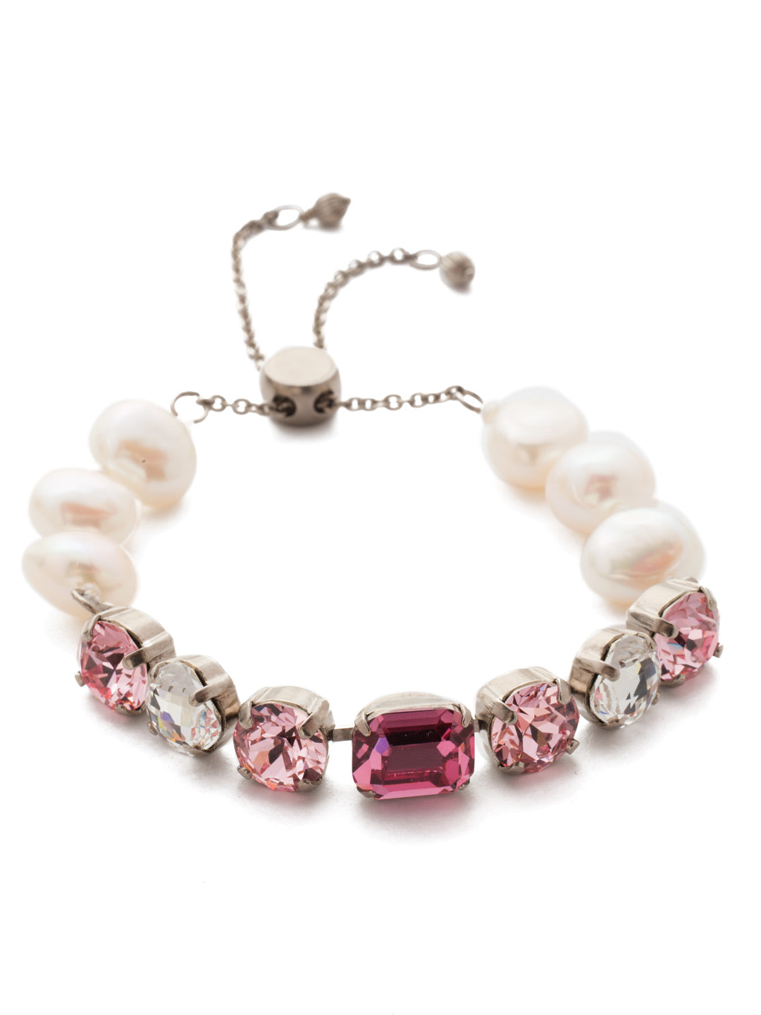 Cadenza Slider Bracelet - BEC14ASMP - <p>A classic line bracelet reimagined with a adjustable slider clasp. A pattern of crystals and pearls give this bracelet all around allure. From Sorrelli's Misty Pink collection in our Antique Silver-tone finish.</p>
