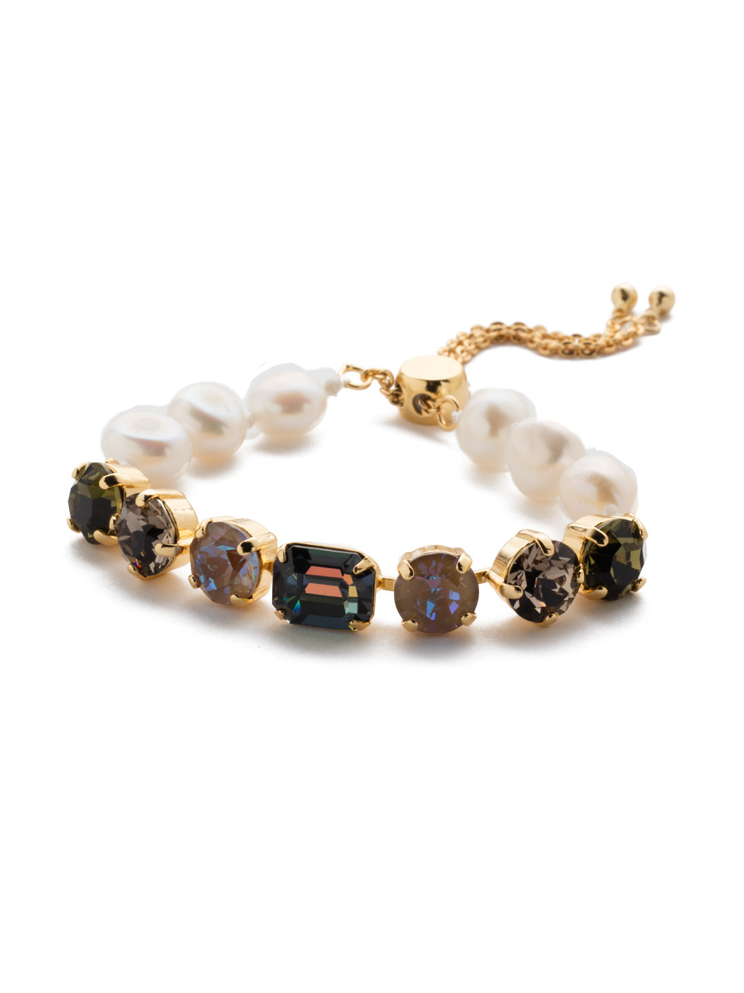 Cadenza Slider Bracelet - BEC14BGCSM - A classic line bracelet reimagined with a adjustable slider clasp. A pattern of crystals and pearls give this bracelet all around allure. From Sorrelli's Cashmere collection in our Bright Gold-tone finish.