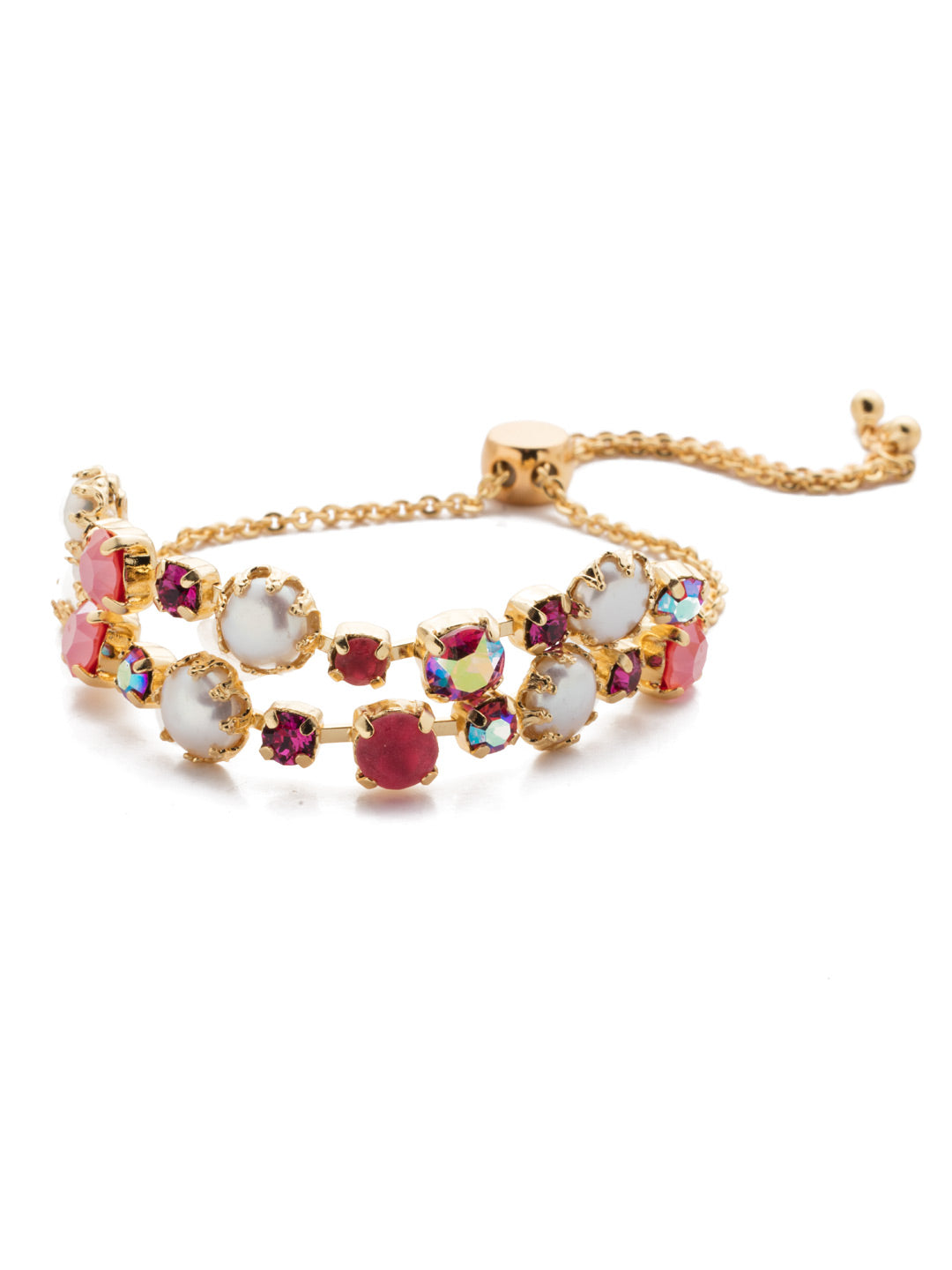Arbor Slider Bracelet - BES120BGBGA - The Arbor Slider Bracelet is boldly stylish with two stacked layers of assorted crystals and freshwater pearls. From Sorrelli's Begonia collection in our Bright Gold-tone finish.
