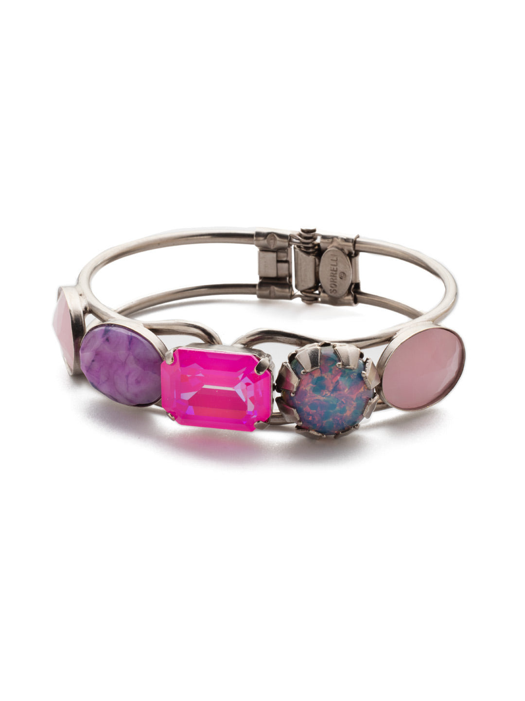 Bianca Cuff Bracelet - BET57ASETP - Our Bianca Cuff Bracelet makes a big statement with standout stones featuring earth tones and sparkle too, set on an airy double-linked metal band. From Sorrelli's Electric Pink collection in our Antique Silver-tone finish.