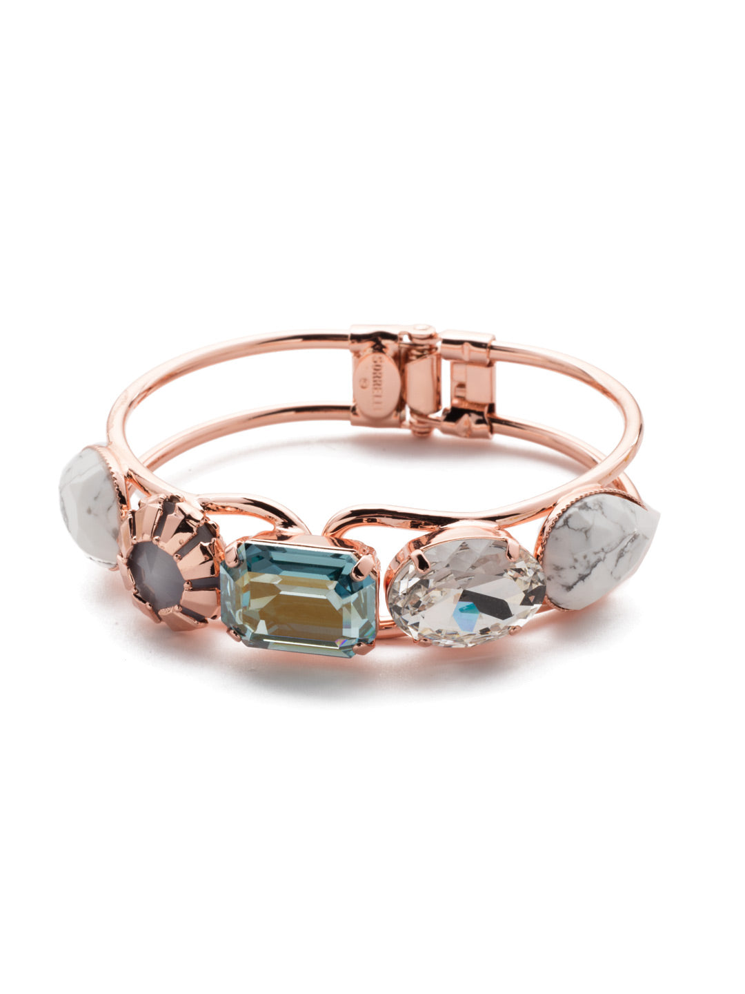 Bianca Cuff Bracelet - BET57RGCAZ - Our Bianca Cuff Bracelet makes a big statement with standout stones featuring earth tones and sparkle too, set on an airy double-linked metal band. From Sorrelli's Crystal Azure collection in our Rose Gold-tone finish.