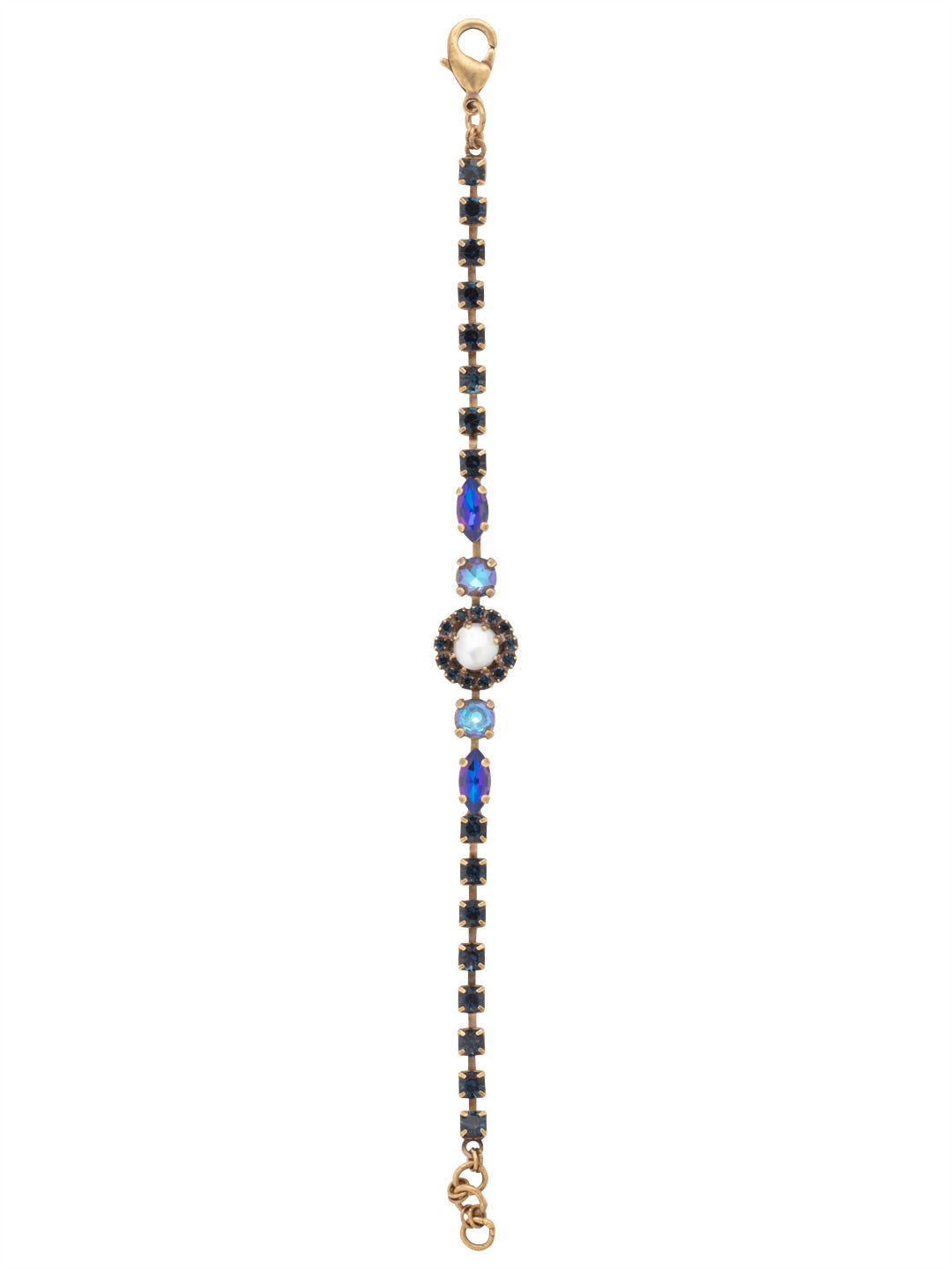 Shoshanna Single Halo Tennis Bracelet - BFC30AGVBN - <p>The Shoshanna Tennis Bracelet features a crystal studded adjustable chain with round and baguette crystals connecting to a halo set freshwater pearl in the center, secured with a lobster claw clasp. From Sorrelli's Venice Blue collection in our Antique Gold-tone finish.</p>