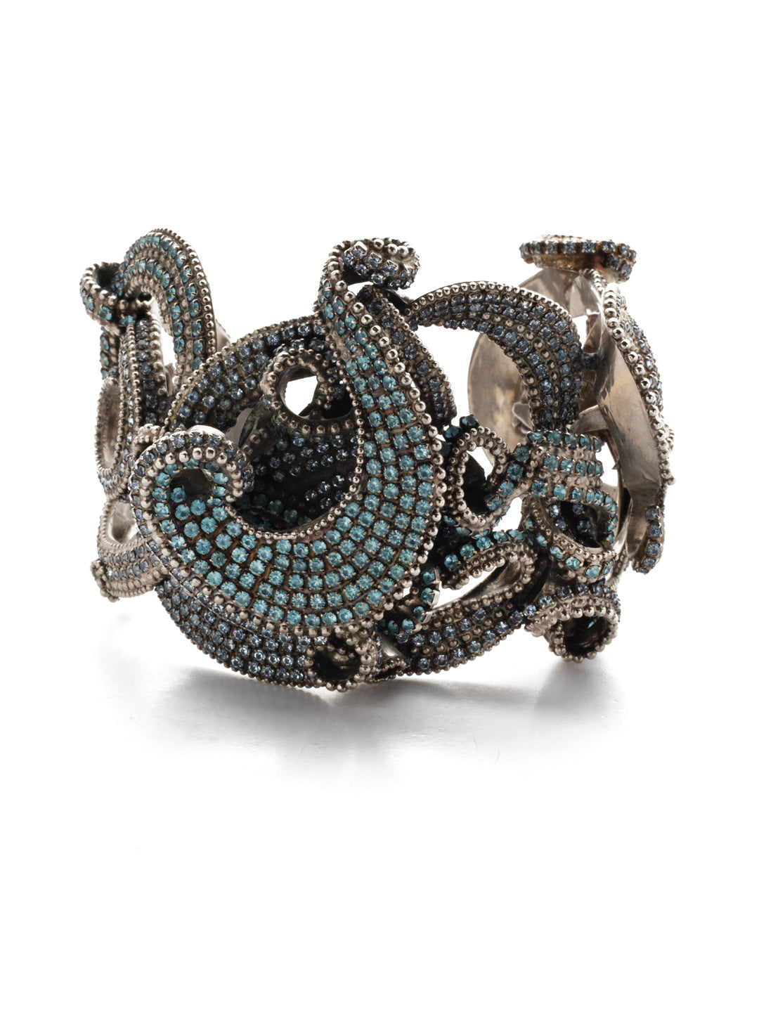 Aquatic Azure Cuff Bracelet - BSP1ASAQU - <p>Reminiscent of a glamorous beach-side wedding, the Aquatic Cuff Bracelet's curls of rhinestone chain studded with blue crystals boldly swirl around your wrist. Taste the salt on your lips, feel the warm sun on your skin, and enjoy the beauty that this bracelet represents - even when you are a world away from the beach. From Sorrelli's Aquamarine collection in our Antique Silver-tone finish.</p>