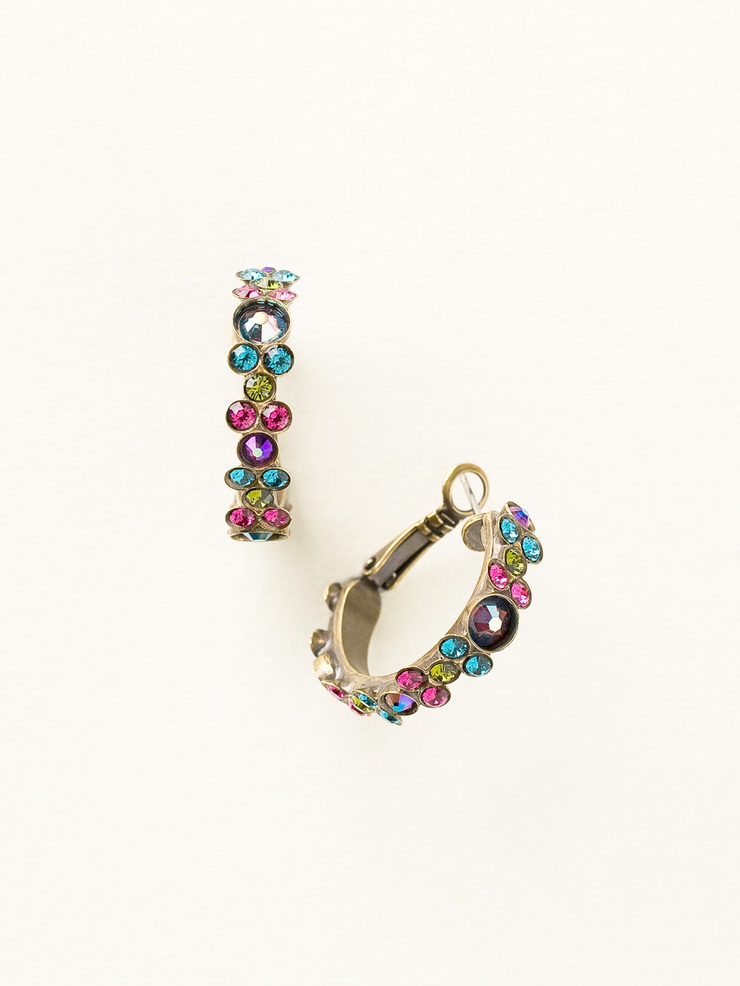 Floral Hoop Earrings - EBP15AGSPM - <p>Intricate design, infused with gorgeous shine. A motif of floral clusters is featured here on a small, delicate hoop with a hinged post backing. From Sorrelli's Super Multi collection in our Antique Gold-tone finish.</p>