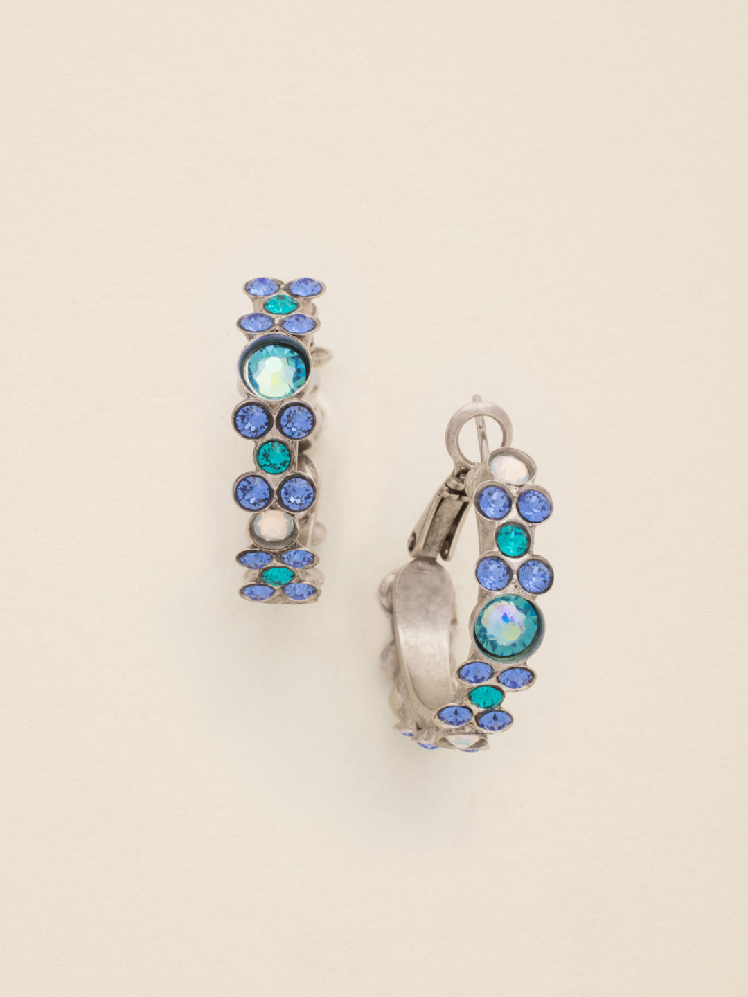 Floral Hoop Earrings - EBP15ASEB - <p>Intricate design, infused with gorgeous shine. A motif of floral clusters is featured here on a small, delicate hoop with a hinged post backing. From Sorrelli's Electric Blue collection in our Antique Silver-tone finish.</p>