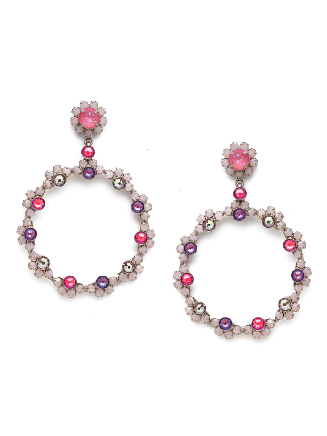 Cirque Statement Earrings - EBP50ASETP - <p>A crystal encrusted circle hangs from a floral-inspired post in this classic Sorrelli style. From Sorrelli's Electric Pink collection in our Antique Silver-tone finish.</p>