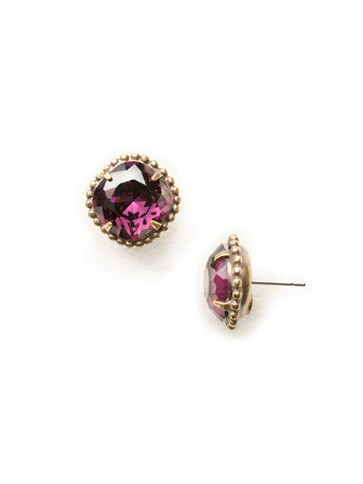 Cushion-Cut Solitaire Stud Earrings - EBX10AGAM - <p>All around allure; the Cushion-Cut Solitaire Stud Earring features a rounded-edge, cushion cut stone that is encircled by a vintage inspired decorative, edged border. A post backing ensures comfortable, everyday wear. From Sorrelli's Amethyst collection in our Antique Gold-tone finish.</p>