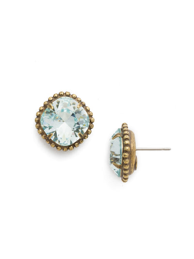 Cushion-Cut Solitaire Stud Earrings - EBX10AGLAQ - <p>All around allure; the Cushion-Cut Solitaire Stud Earring features a rounded-edge, cushion cut stone that is encircled by a vintage inspired decorative, edged border. A post backing ensures comfortable, everyday wear. From Sorrelli's Light Aqua collection in our Antique Gold-tone finish.</p>