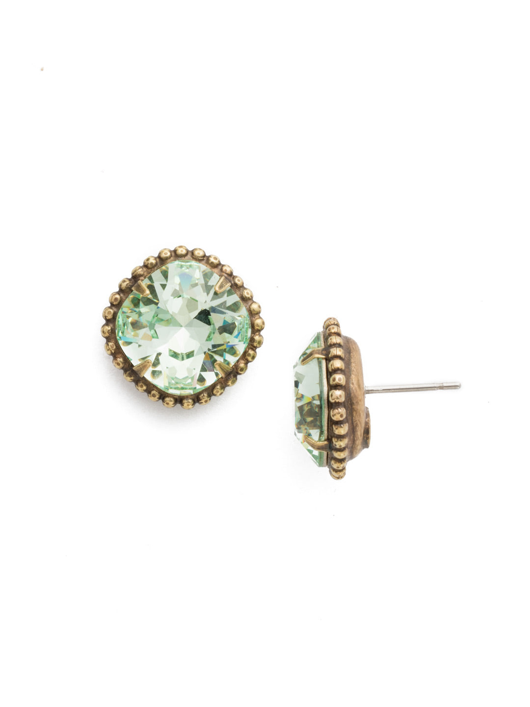 Cushion-Cut Solitaire Stud Earrings - EBX10AGMIN - All around allure; the Cushion-Cut Solitaire Stud Earring features a rounded-edge, cushion cut stone that is encircled by a vintage inspired decorative, edged border. A post backing ensures comfortable, everyday wear. From Sorrelli's Mint collection in our Antique Gold-tone finish.