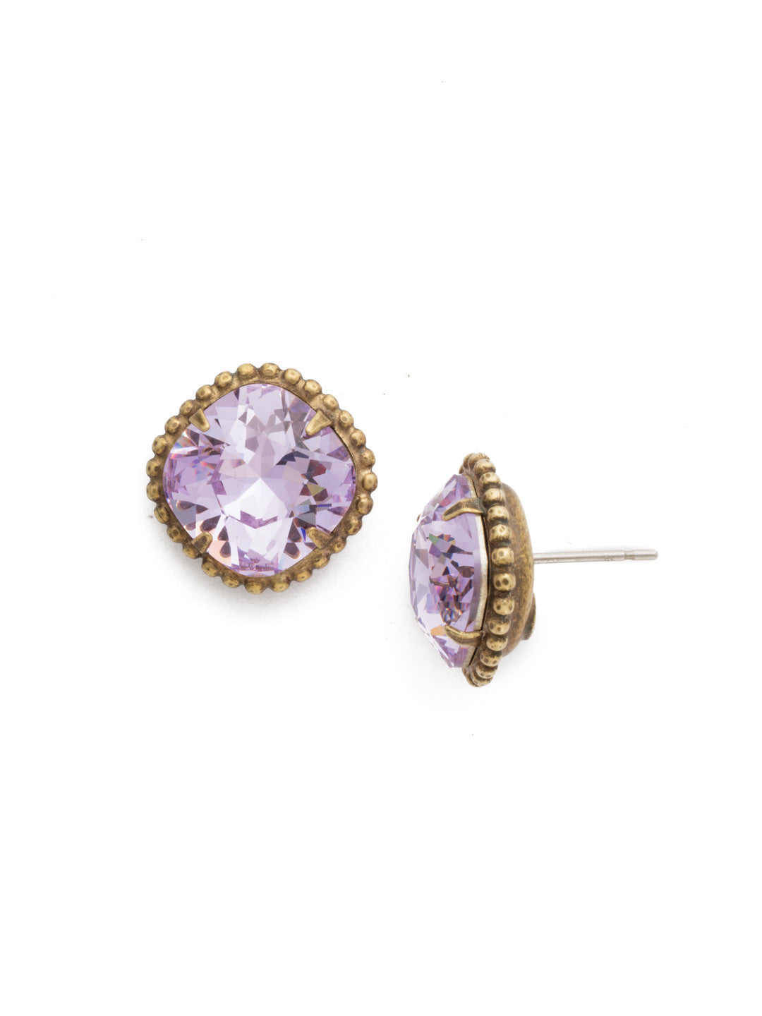 Cushion-Cut Solitaire Stud Earrings - EBX10AGVI - <p>All around allure; the Cushion-Cut Solitaire Stud Earring features a rounded-edge, cushion cut stone that is encircled by a vintage inspired decorative, edged border. A post backing ensures comfortable, everyday wear. From Sorrelli's Violet collection in our Antique Gold-tone finish.</p>