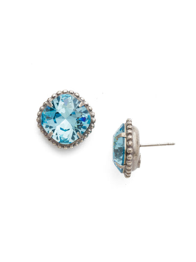 Cushion-Cut Solitaire Stud Earrings - EBX10ASAQU - All around allure; the Cushion-Cut Solitaire Stud Earring features a rounded-edge, cushion cut stone that is encircled by a vintage inspired decorative, edged border. A post backing ensures comfortable, everyday wear. From Sorrelli's Aquamarine collection in our Antique Silver-tone finish.