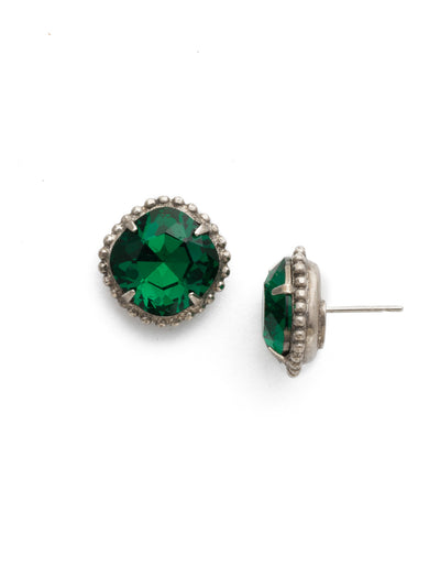 Cushion-Cut Solitaire Stud Earrings - EBX10ASEME - <p>All around allure; the Cushion-Cut Solitaire Stud Earring features a rounded-edge, cushion cut stone that is encircled by a vintage inspired decorative, edged border. A post backing ensures comfortable, everyday wear. From Sorrelli's Emerald collection in our Antique Silver-tone finish.</p>