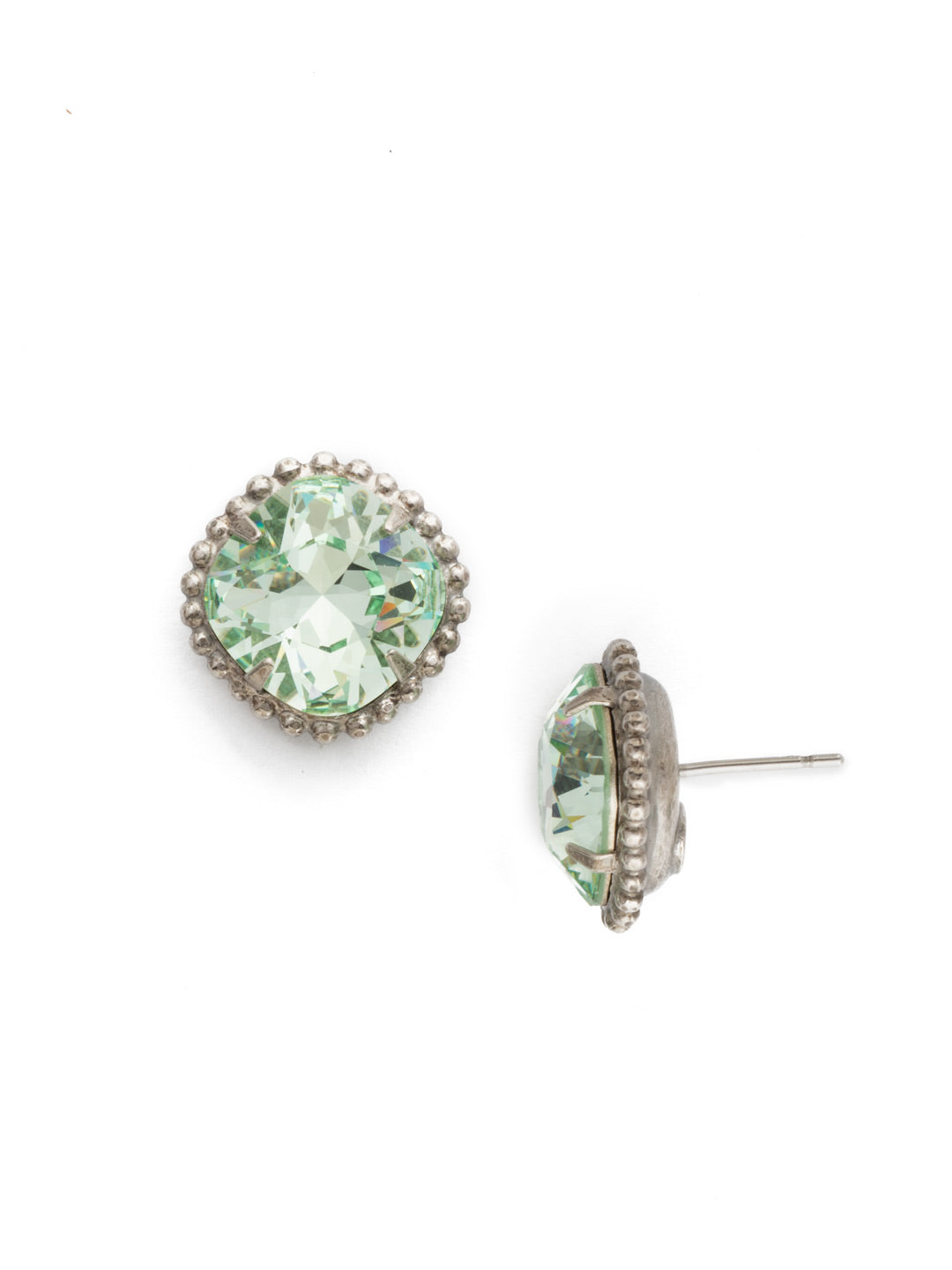 Cushion-Cut Solitaire Stud Earrings - EBX10ASMIN - All around allure; the Cushion-Cut Solitaire Stud Earring features a rounded-edge, cushion cut stone that is encircled by a vintage inspired decorative, edged border. A post backing ensures comfortable, everyday wear. From Sorrelli's Mint collection in our Antique Silver-tone finish.