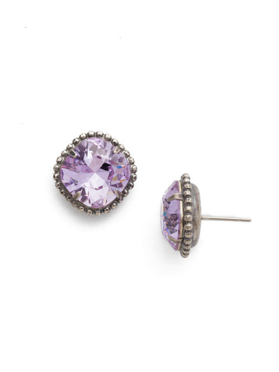 Cushion-Cut Solitaire Stud Earrings - EBX10ASVI - All around allure; the Cushion-Cut Solitaire Stud Earring features a rounded-edge, cushion cut stone that is encircled by a vintage inspired decorative, edged border. A post backing ensures comfortable, everyday wear. From Sorrelli's Violet collection in our Antique Silver-tone finish.