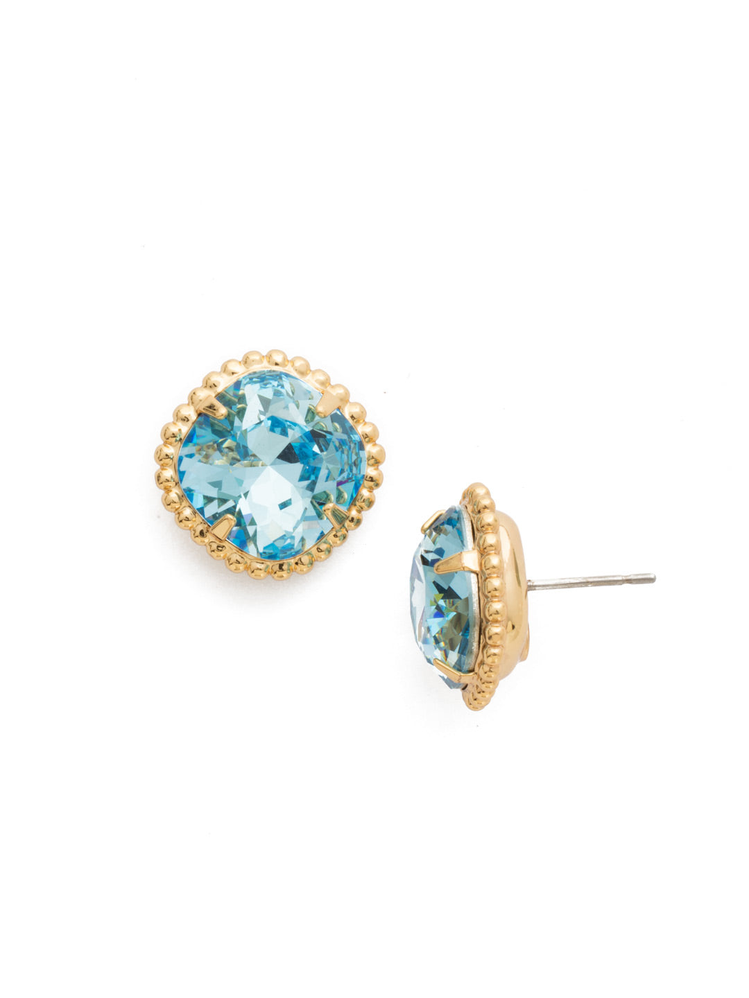 Cushion-Cut Solitaire Stud Earrings - EBX10BGAQU - <p>All around allure; the Cushion-Cut Solitaire Stud Earring features a rounded-edge, cushion cut stone that is encircled by a vintage inspired decorative, edged border. A post backing ensures comfortable, everyday wear. From Sorrelli's Aquamarine collection in our Bright Gold-tone finish.</p>
