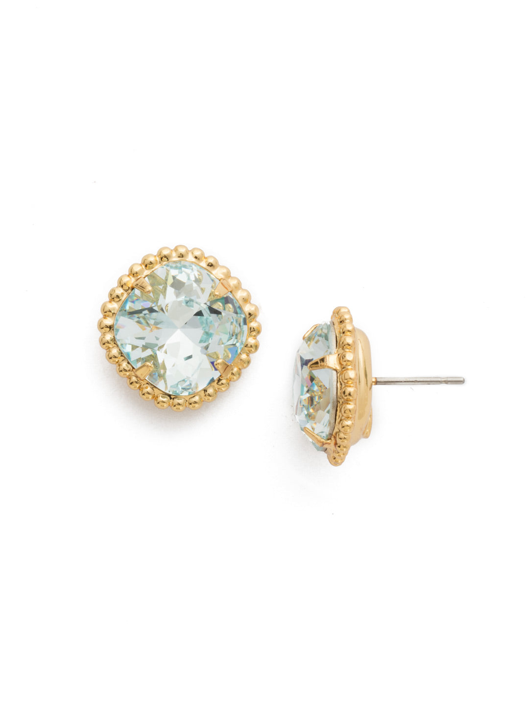 Cushion-Cut Solitaire Stud Earrings - EBX10BGLAQ - <p>All around allure; the Cushion-Cut Solitaire Stud Earring features a rounded-edge, cushion cut stone that is encircled by a vintage inspired decorative, edged border. A post backing ensures comfortable, everyday wear. From Sorrelli's Light Aqua collection in our Bright Gold-tone finish.</p>