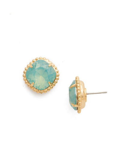 Cushion-Cut Solitaire Stud Earrings - EBX10BGPAC - All around allure; the Cushion-Cut Solitaire Stud Earring features a rounded-edge, cushion cut stone that is encircled by a vintage inspired decorative, edged border. A post backing ensures comfortable, everyday wear. From Sorrelli's Pacific Opal collection in our Bright Gold-tone finish.