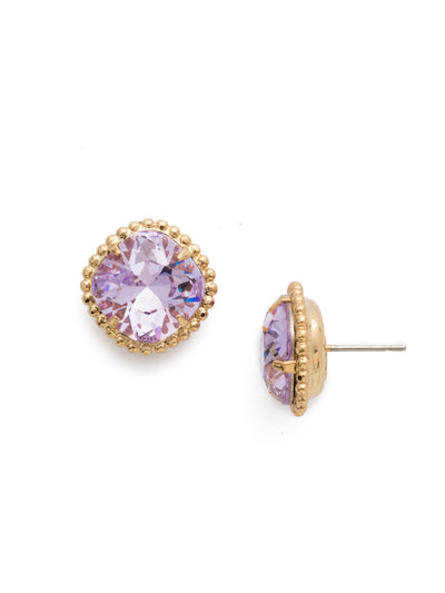 Cushion-Cut Solitaire Stud Earrings - EBX10BGVI - <p>All around allure; the Cushion-Cut Solitaire Stud Earring features a rounded-edge, cushion cut stone that is encircled by a vintage inspired decorative, edged border. A post backing ensures comfortable, everyday wear. From Sorrelli's Violet collection in our Bright Gold-tone finish.</p>