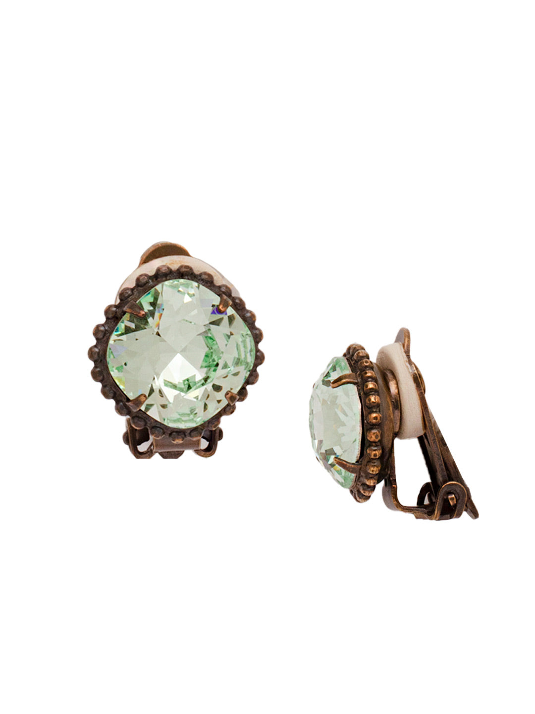 Cushion Cut Solitaire Clip On Earring - EBX10CAGMIN - <p>All around allure. These earrings feature a rounded-edge, cushion cut stone that is encircled by a vintage inspired decorative edged border. Post backing ensures accessible, everyday wear. From Sorrelli's Mint collection in our Antique Gold-tone finish.</p>