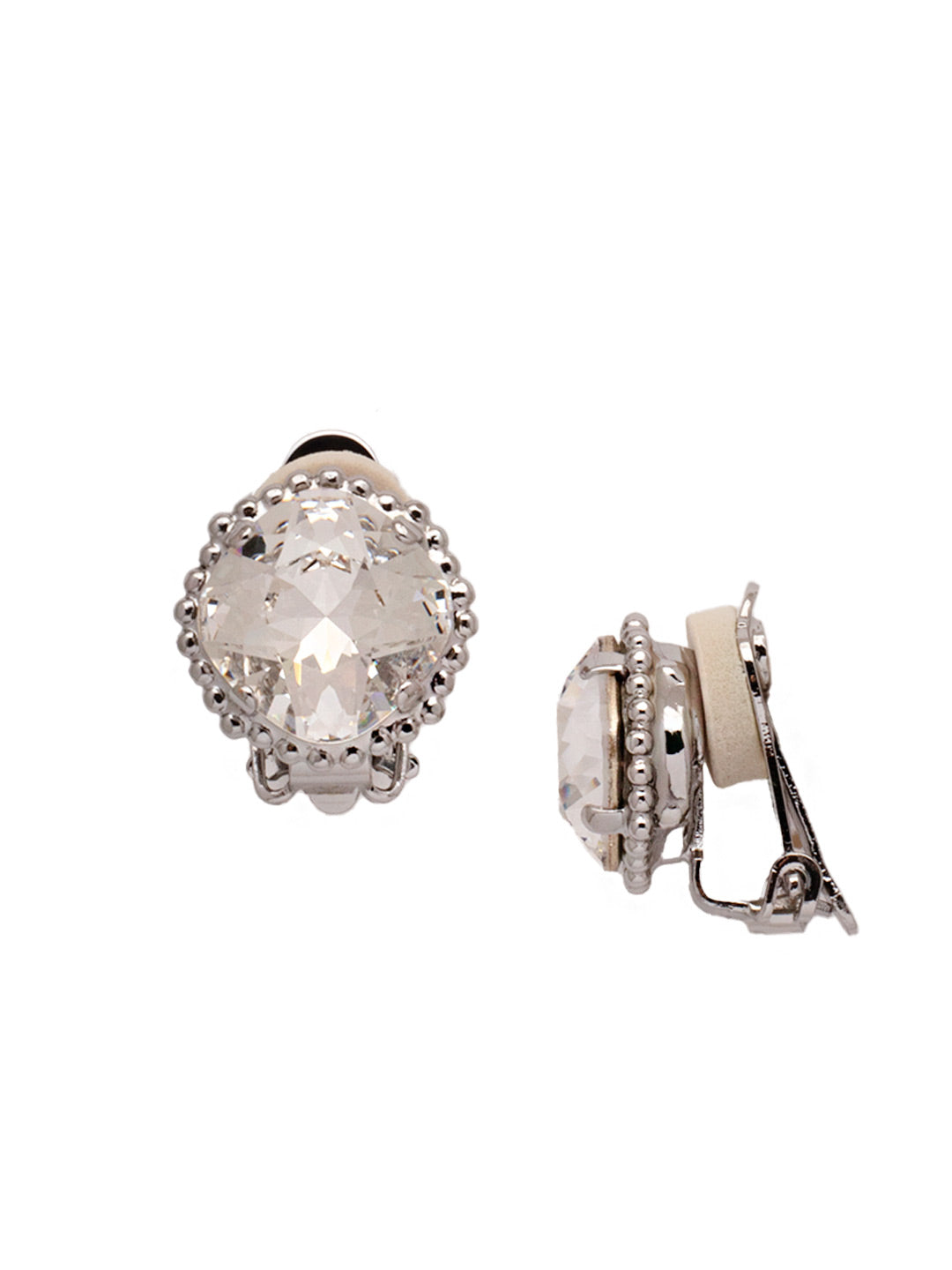 Cushion Cut Solitaire Clip On Earring - EBX10CRHCRY - <p>All around allure. These earrings feature a rounded-edge, cushion cut stone that is encircled by a vintage inspired decorative edged border. Post backing ensures accessible, everyday wear. From Sorrelli's Crystal collection in our Palladium Silver-tone finish.</p>