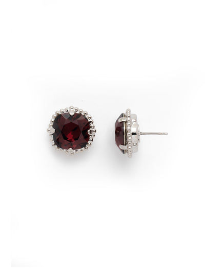 Cushion-Cut Solitaire Stud Earrings - EBX10RHBUR - All around allure; the Cushion-Cut Solitaire Stud Earring features a rounded-edge, cushion cut stone that is encircled by a vintage inspired decorative, edged border. A post backing ensures comfortable, everyday wear. From Sorrelli's Burgundy collection in our Palladium Silver-tone finish.