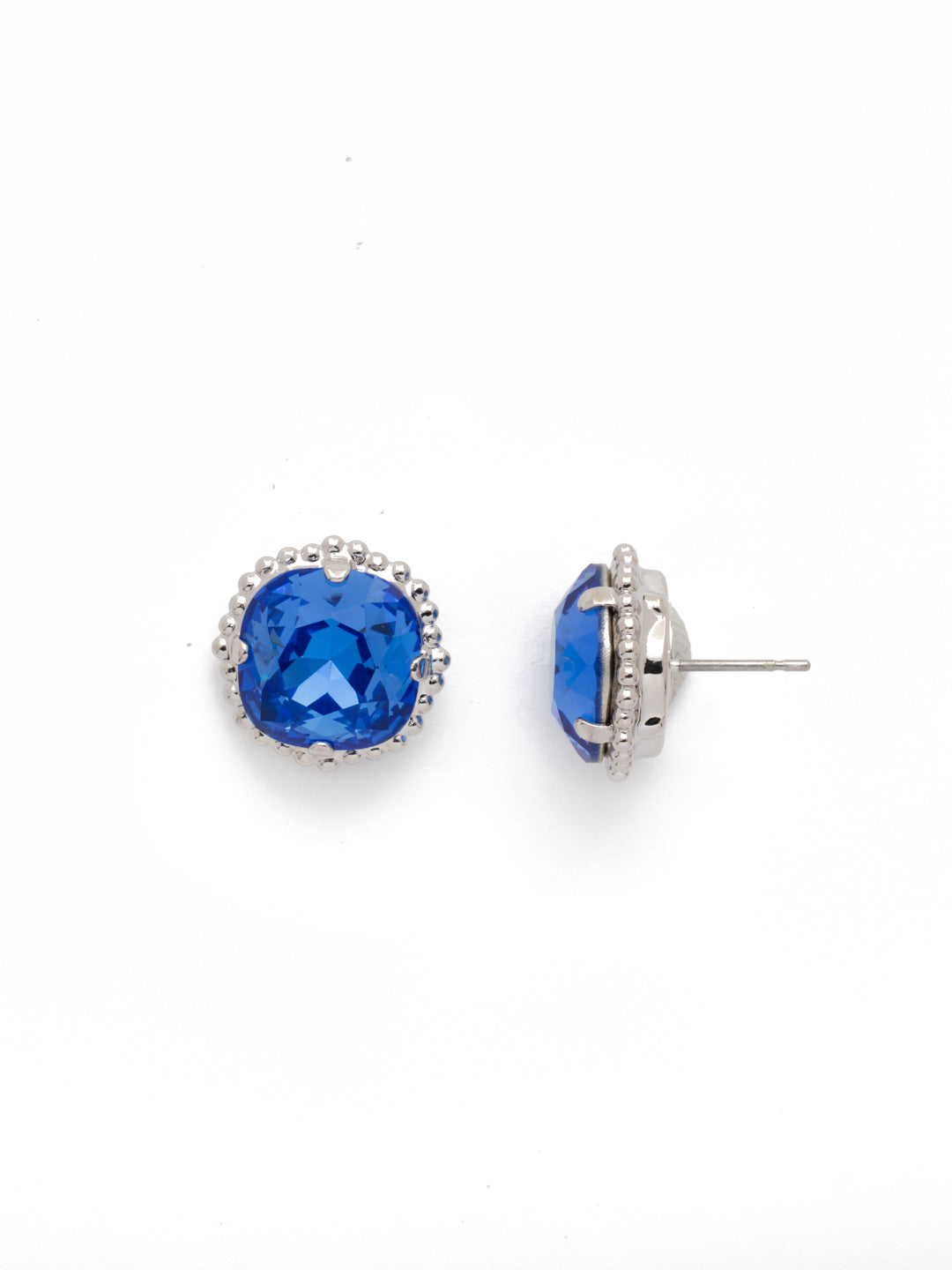 Cushion-Cut Solitaire Stud Earrings - EBX10RHSAP - All around allure; the Cushion-Cut Solitaire Stud Earring features a rounded-edge, cushion cut stone that is encircled by a vintage inspired decorative, edged border. A post backing ensures comfortable, everyday wear. From Sorrelli's Sapphire collection in our Palladium Silver-tone finish.