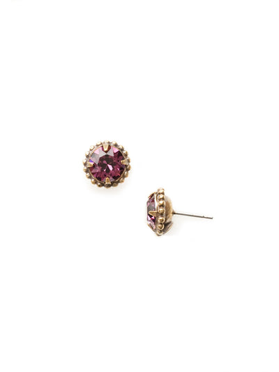Simplicity Stud Earrings - EBY38AGAM - <p>A timeless classic, the Simplicity Stud Earrings feature round cut crystals in a variety of colors; accented with a halo of metal beaded detail. Need help picking a stud? <a href="https://www.sorrelli.com/blogs/sisterhood/round-stud-earrings-101-a-rundown-of-sizes-styles-and-sparkle">Check out our size guide!</a> From Sorrelli's Amethyst collection in our Antique Gold-tone finish.</p>