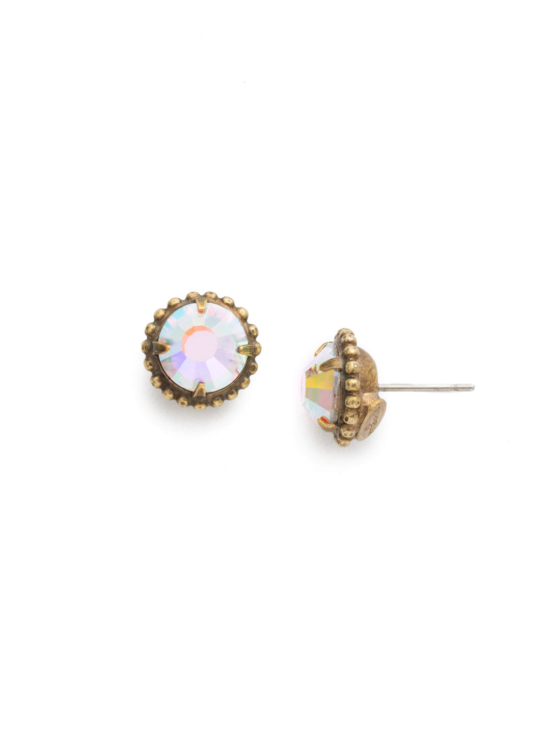 Simplicity Stud Earrings - EBY38AGCAB - <p>A timeless classic, the Simplicity Stud Earrings feature round cut crystals in a variety of colors; accented with a halo of metal beaded detail. Need help picking a stud? <a href="https://www.sorrelli.com/blogs/sisterhood/round-stud-earrings-101-a-rundown-of-sizes-styles-and-sparkle">Check out our size guide!</a> From Sorrelli's Crystal Aurora Borealis collection in our Antique Gold-tone finish.</p>