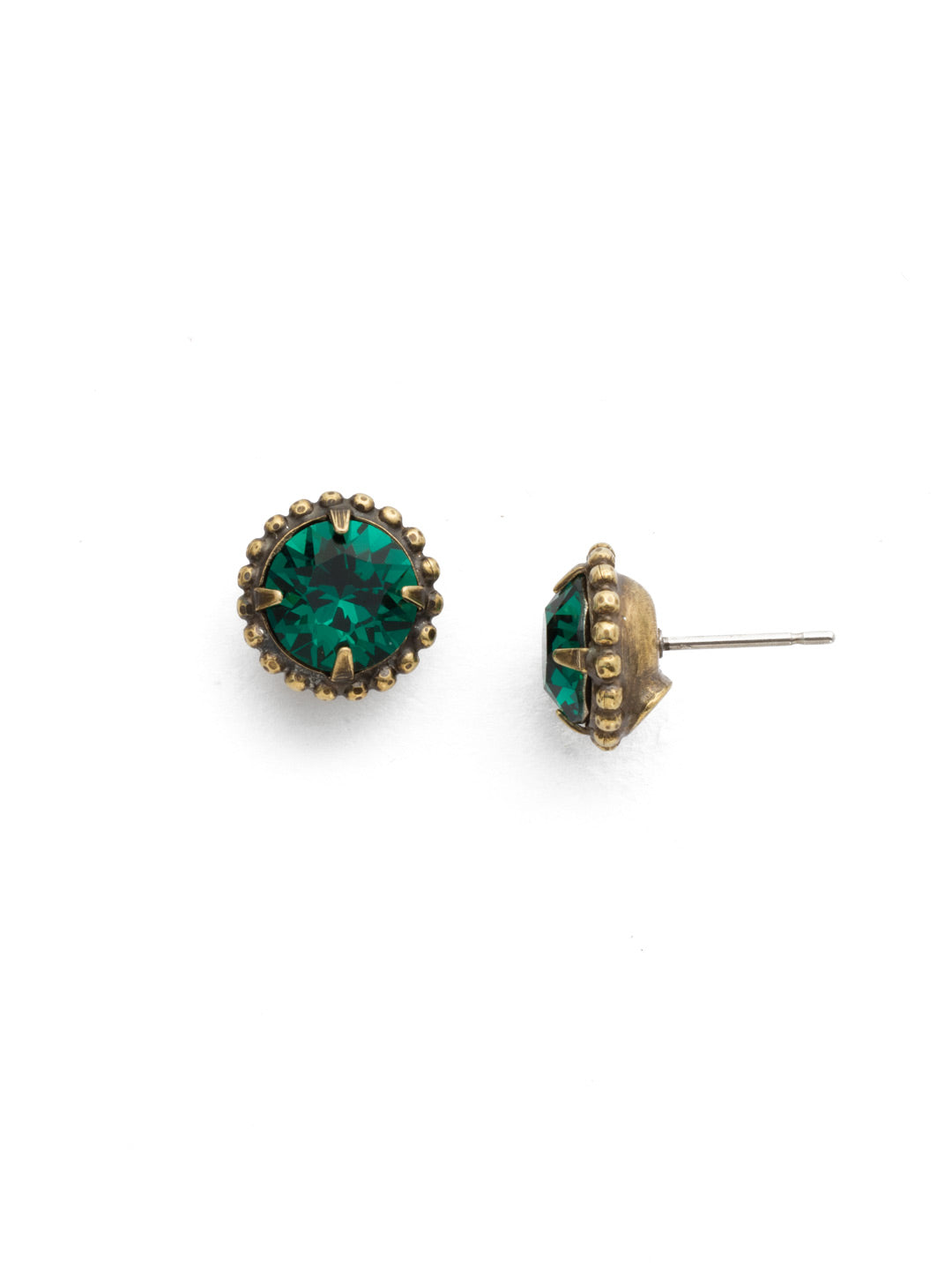 Simplicity Stud Earrings - EBY38AGEME - <p>A timeless classic, the Simplicity Stud Earrings feature round cut crystals in a variety of colors; accented with a halo of metal beaded detail. Need help picking a stud? <a href="https://www.sorrelli.com/blogs/sisterhood/round-stud-earrings-101-a-rundown-of-sizes-styles-and-sparkle">Check out our size guide!</a> From Sorrelli's Emerald collection in our Antique Gold-tone finish.</p>