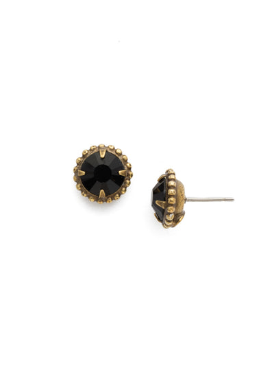 Simplicity Stud Earrings - EBY38AGJET - <p>A timeless classic, the Simplicity Stud Earrings feature round cut crystals in a variety of colors; accented with a halo of metal beaded detail. Need help picking a stud? <a href="https://www.sorrelli.com/blogs/sisterhood/round-stud-earrings-101-a-rundown-of-sizes-styles-and-sparkle">Check out our size guide!</a> From Sorrelli's Jet collection in our Antique Gold-tone finish.</p>