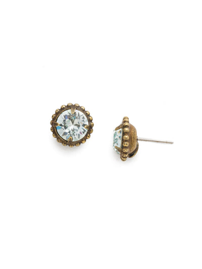 Simplicity Stud Earrings - EBY38AGLAQ - <p>A timeless classic, the Simplicity Stud Earrings feature round cut crystals in a variety of colors; accented with a halo of metal beaded detail. Need help picking a stud? <a href="https://www.sorrelli.com/blogs/sisterhood/round-stud-earrings-101-a-rundown-of-sizes-styles-and-sparkle">Check out our size guide!</a> From Sorrelli's Light Aqua collection in our Antique Gold-tone finish.</p>