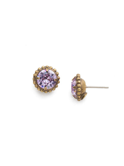 Simplicity Stud Earrings - EBY38AGVI - <p>A timeless classic, the Simplicity Stud Earrings feature round cut crystals in a variety of colors; accented with a halo of metal beaded detail. Need help picking a stud? <a href="https://www.sorrelli.com/blogs/sisterhood/round-stud-earrings-101-a-rundown-of-sizes-styles-and-sparkle">Check out our size guide!</a> From Sorrelli's Violet collection in our Antique Gold-tone finish.</p>