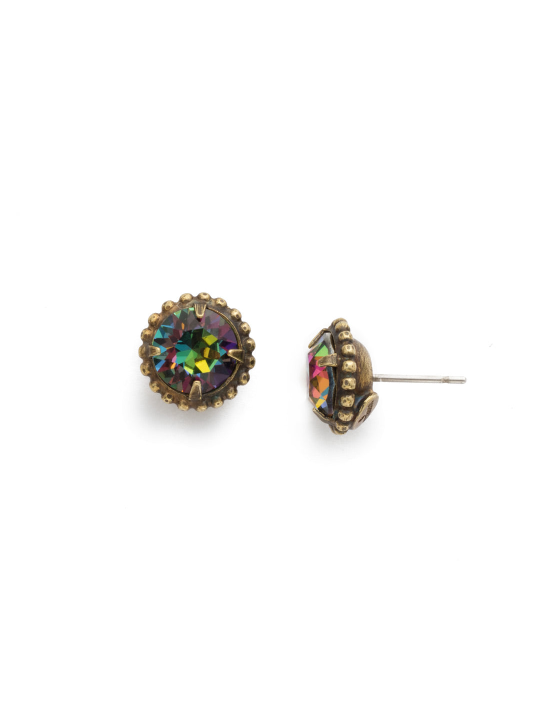 Simplicity Stud Earrings - EBY38AGVO - <p>A timeless classic, the Simplicity Stud Earrings feature round cut crystals in a variety of colors; accented with a halo of metal beaded detail. Need help picking a stud? <a href="https://www.sorrelli.com/blogs/sisterhood/round-stud-earrings-101-a-rundown-of-sizes-styles-and-sparkle">Check out our size guide!</a> From Sorrelli's Volcano collection in our Antique Gold-tone finish.</p>