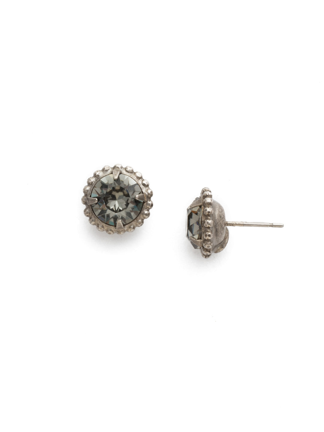 Simplicity Stud Earrings - EBY38ASBD - <p>A timeless classic, the Simplicity Stud Earrings feature round cut crystals in a variety of colors; accented with a halo of metal beaded detail. Need help picking a stud? <a href="https://www.sorrelli.com/blogs/sisterhood/round-stud-earrings-101-a-rundown-of-sizes-styles-and-sparkle">Check out our size guide!</a> From Sorrelli's Black Diamond collection in our Antique Silver-tone finish.</p>