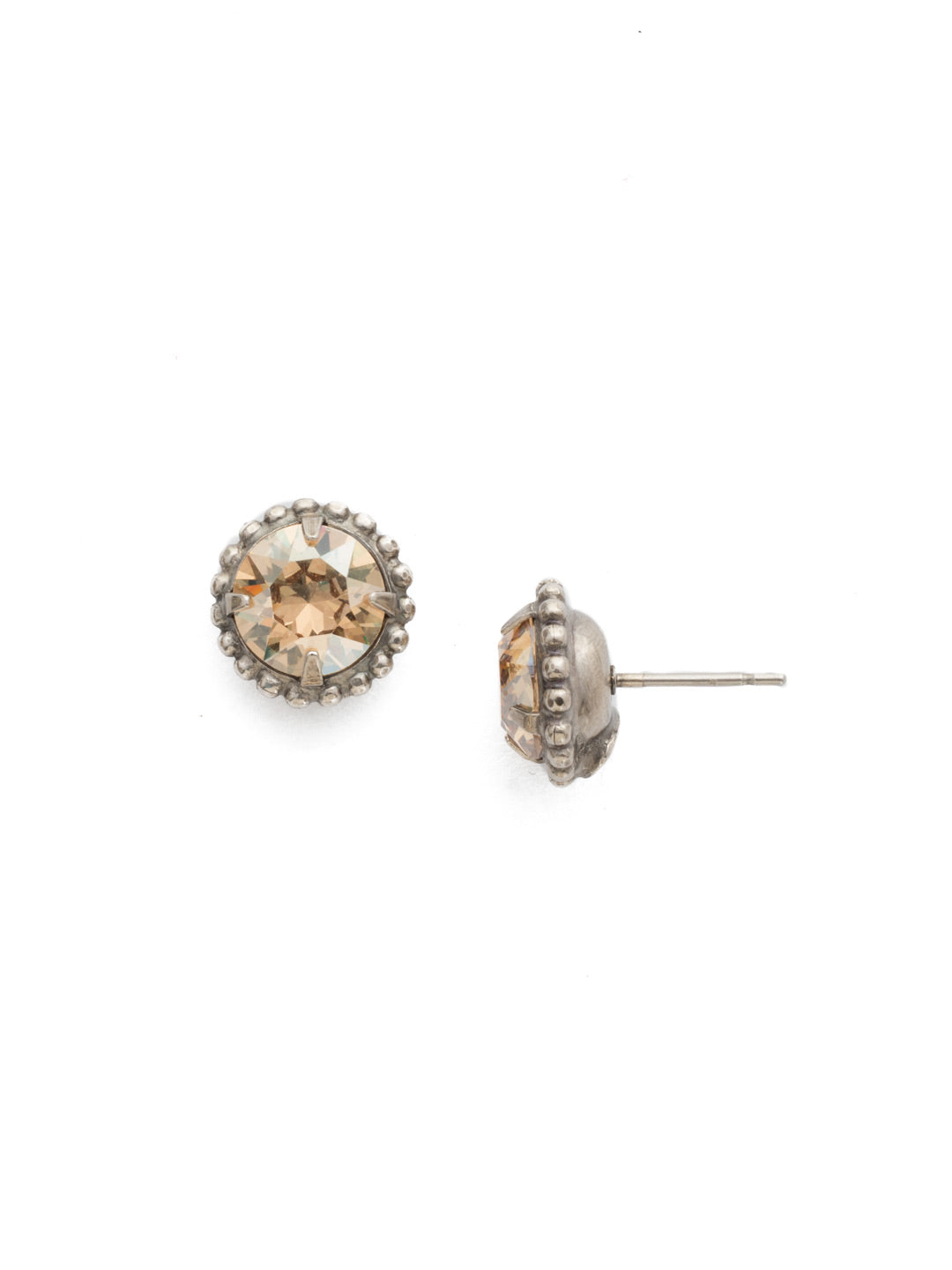 Simplicity Stud Earrings - EBY38ASDCH - <p>A timeless classic, the Simplicity Stud Earrings feature round cut crystals in a variety of colors; accented with a halo of metal beaded detail. Need help picking a stud? <a href="https://www.sorrelli.com/blogs/sisterhood/round-stud-earrings-101-a-rundown-of-sizes-styles-and-sparkle">Check out our size guide!</a> From Sorrelli's Dark Champagne collection in our Antique Silver-tone finish.</p>