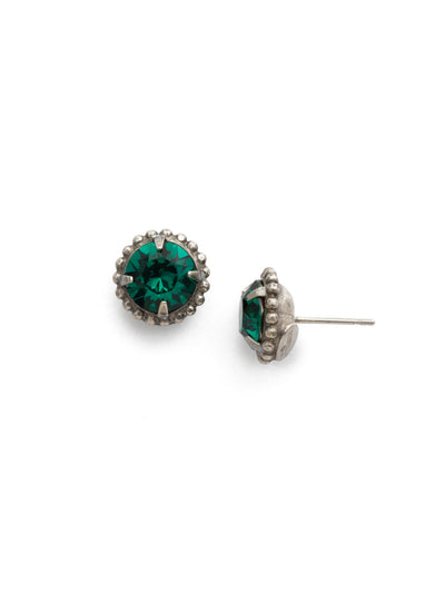 Simplicity Stud Earrings - EBY38ASEME - <p>A timeless classic, the Simplicity Stud Earrings feature round cut crystals in a variety of colors; accented with a halo of metal beaded detail. Need help picking a stud? <a href="https://www.sorrelli.com/blogs/sisterhood/round-stud-earrings-101-a-rundown-of-sizes-styles-and-sparkle">Check out our size guide!</a> From Sorrelli's Emerald collection in our Antique Silver-tone finish.</p>