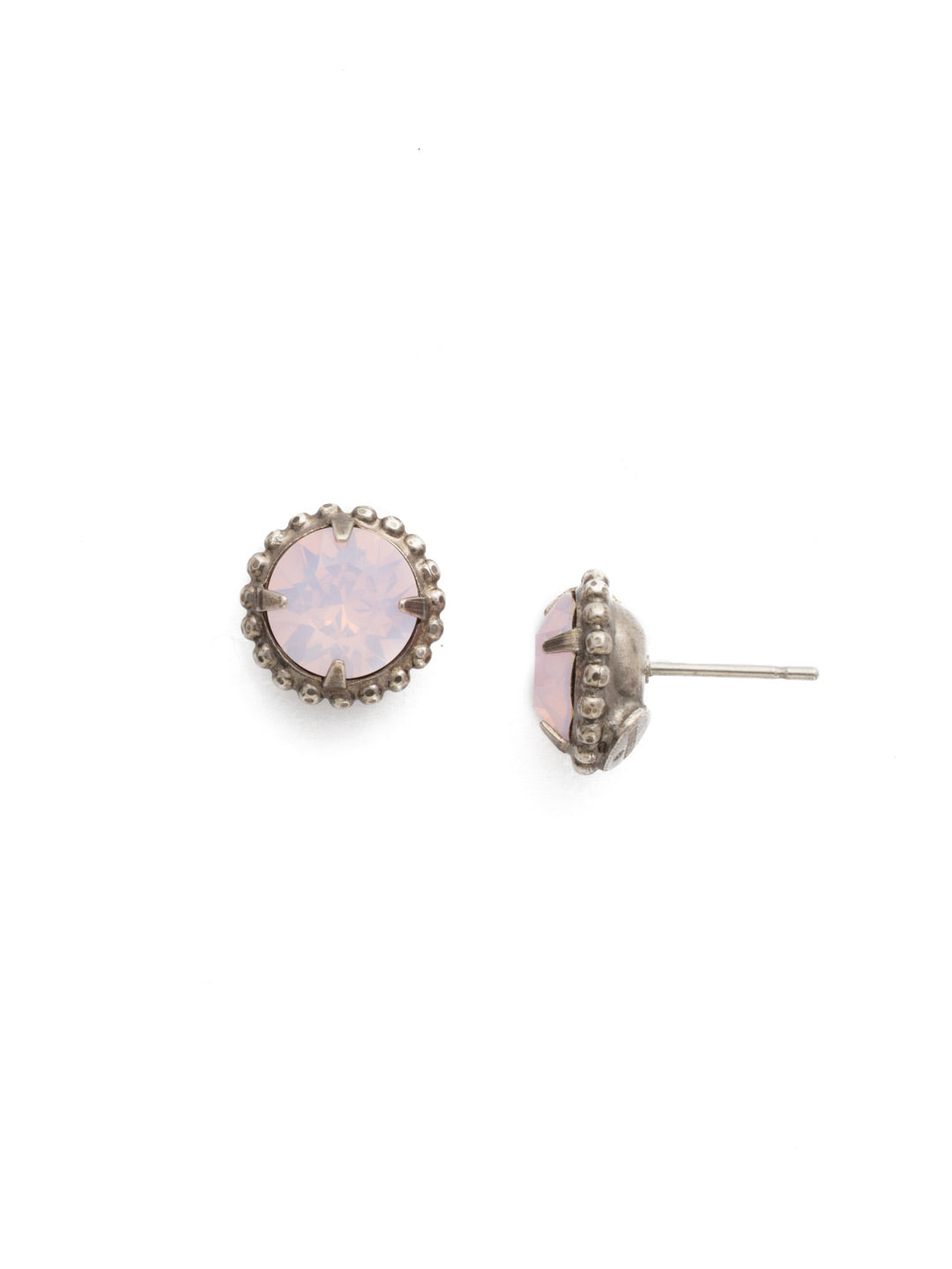 Simplicity Stud Earrings - EBY38ASROW - <p>A timeless classic, the Simplicity Stud Earrings feature round cut crystals in a variety of colors; accented with a halo of metal beaded detail. Need help picking a stud? <a href="https://www.sorrelli.com/blogs/sisterhood/round-stud-earrings-101-a-rundown-of-sizes-styles-and-sparkle">Check out our size guide!</a> From Sorrelli's Rose Water collection in our Antique Silver-tone finish.</p>