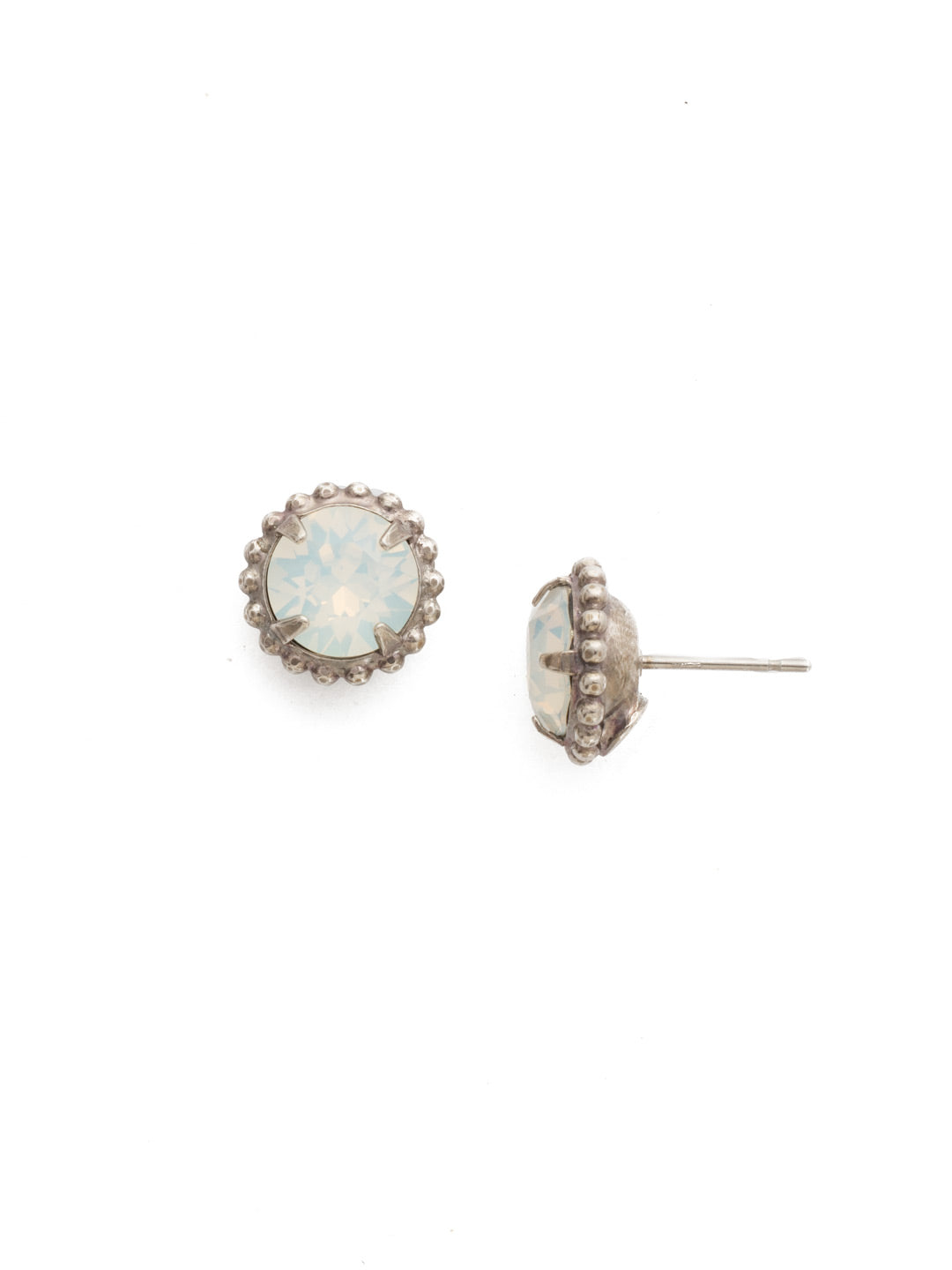 Simplicity Stud Earrings - EBY38ASWO - <p>A timeless classic, the Simplicity Stud Earrings feature round cut crystals in a variety of colors; accented with a halo of metal beaded detail. Need help picking a stud? <a href="https://www.sorrelli.com/blogs/sisterhood/round-stud-earrings-101-a-rundown-of-sizes-styles-and-sparkle">Check out our size guide!</a> From Sorrelli's White Opal collection in our Antique Silver-tone finish.</p>