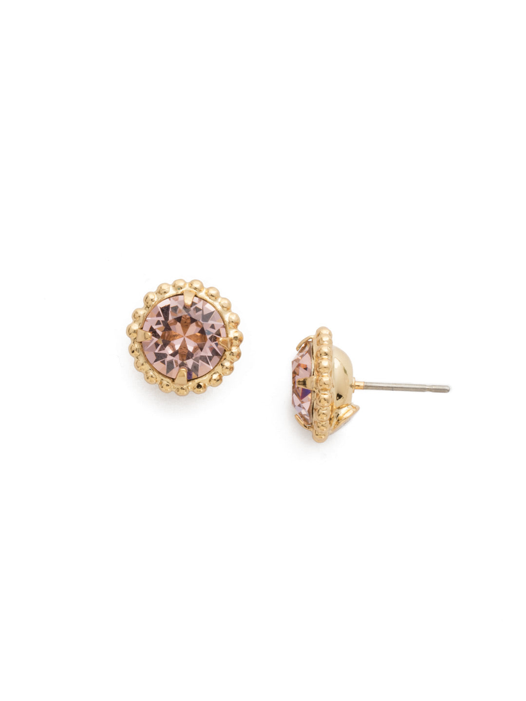 Simplicity Stud Earrings - EBY38BGVIN - <p>A timeless classic, the Simplicity Stud Earrings feature round cut crystals in a variety of colors; accented with a halo of metal beaded detail. Need help picking a stud? <a href="https://www.sorrelli.com/blogs/sisterhood/round-stud-earrings-101-a-rundown-of-sizes-styles-and-sparkle">Check out our size guide!</a> From Sorrelli's Vintage Rose collection in our Bright Gold-tone finish.</p>
