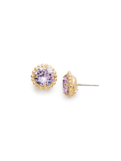 Simplicity Stud Earrings - EBY38BGVI - <p>A timeless classic, the Simplicity Stud Earrings feature round cut crystals in a variety of colors; accented with a halo of metal beaded detail. Need help picking a stud? <a href="https://www.sorrelli.com/blogs/sisterhood/round-stud-earrings-101-a-rundown-of-sizes-styles-and-sparkle">Check out our size guide!</a> From Sorrelli's Violet collection in our Bright Gold-tone finish.</p>