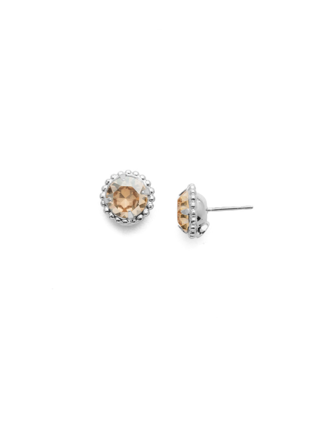 Simplicity Stud Earrings - EBY38PDDCH - <p>A timeless classic, the Simplicity Stud Earrings feature round cut crystals in a variety of colors; accented with a halo of metal beaded detail. Need help picking a stud? <a href="https://www.sorrelli.com/blogs/sisterhood/round-stud-earrings-101-a-rundown-of-sizes-styles-and-sparkle">Check out our size guide!</a> From Sorrelli's Dark Champagne collection in our Palladium finish.</p>