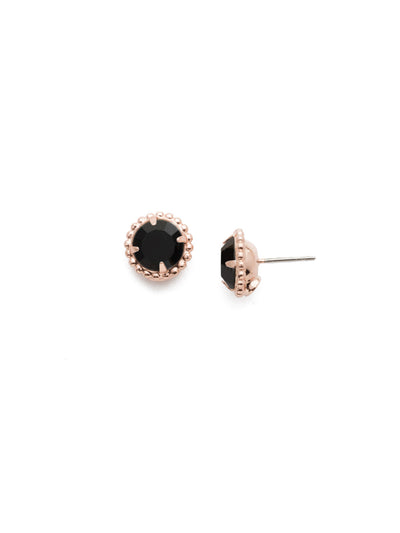 Simplicity Stud Earrings - EBY38RGJET - <p>A timeless classic, the Simplicity Stud Earrings feature round cut crystals in a variety of colors; accented with a halo of metal beaded detail. Need help picking a stud? <a href="https://www.sorrelli.com/blogs/sisterhood/round-stud-earrings-101-a-rundown-of-sizes-styles-and-sparkle">Check out our size guide!</a> From Sorrelli's Jet collection in our Rose Gold-tone finish.</p>