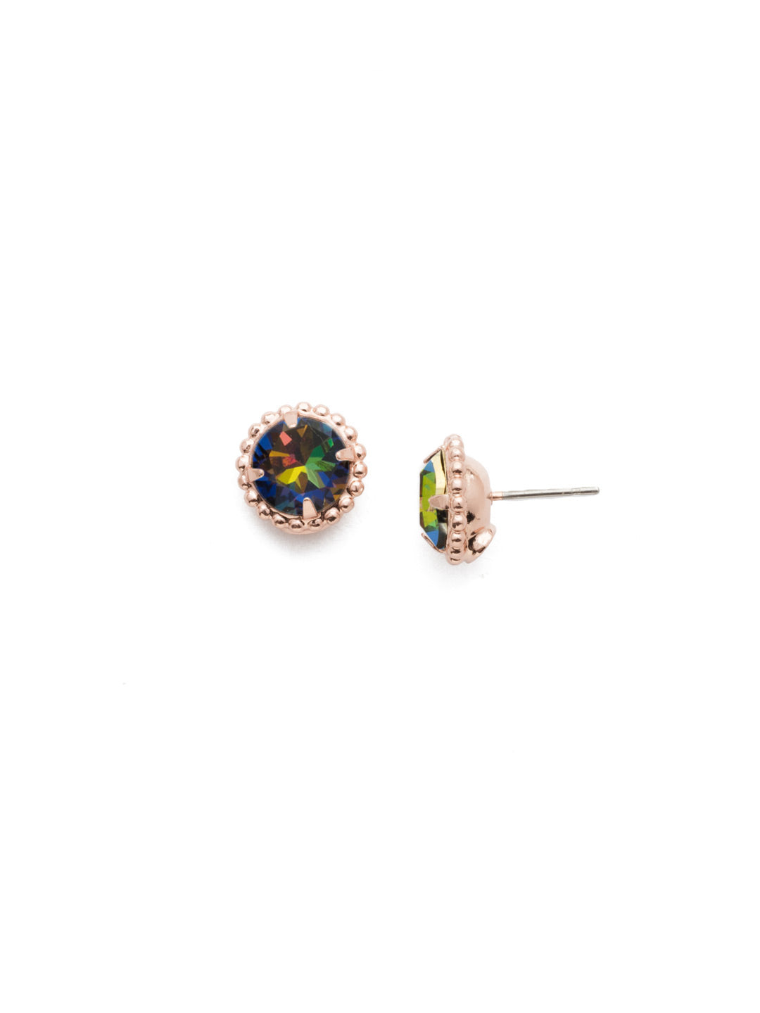 Simplicity Stud Earrings - EBY38RGVO - <p>A timeless classic, the Simplicity Stud Earrings feature round cut crystals in a variety of colors; accented with a halo of metal beaded detail. Need help picking a stud? <a href="https://www.sorrelli.com/blogs/sisterhood/round-stud-earrings-101-a-rundown-of-sizes-styles-and-sparkle">Check out our size guide!</a> From Sorrelli's Volcano collection in our Rose Gold-tone finish.</p>