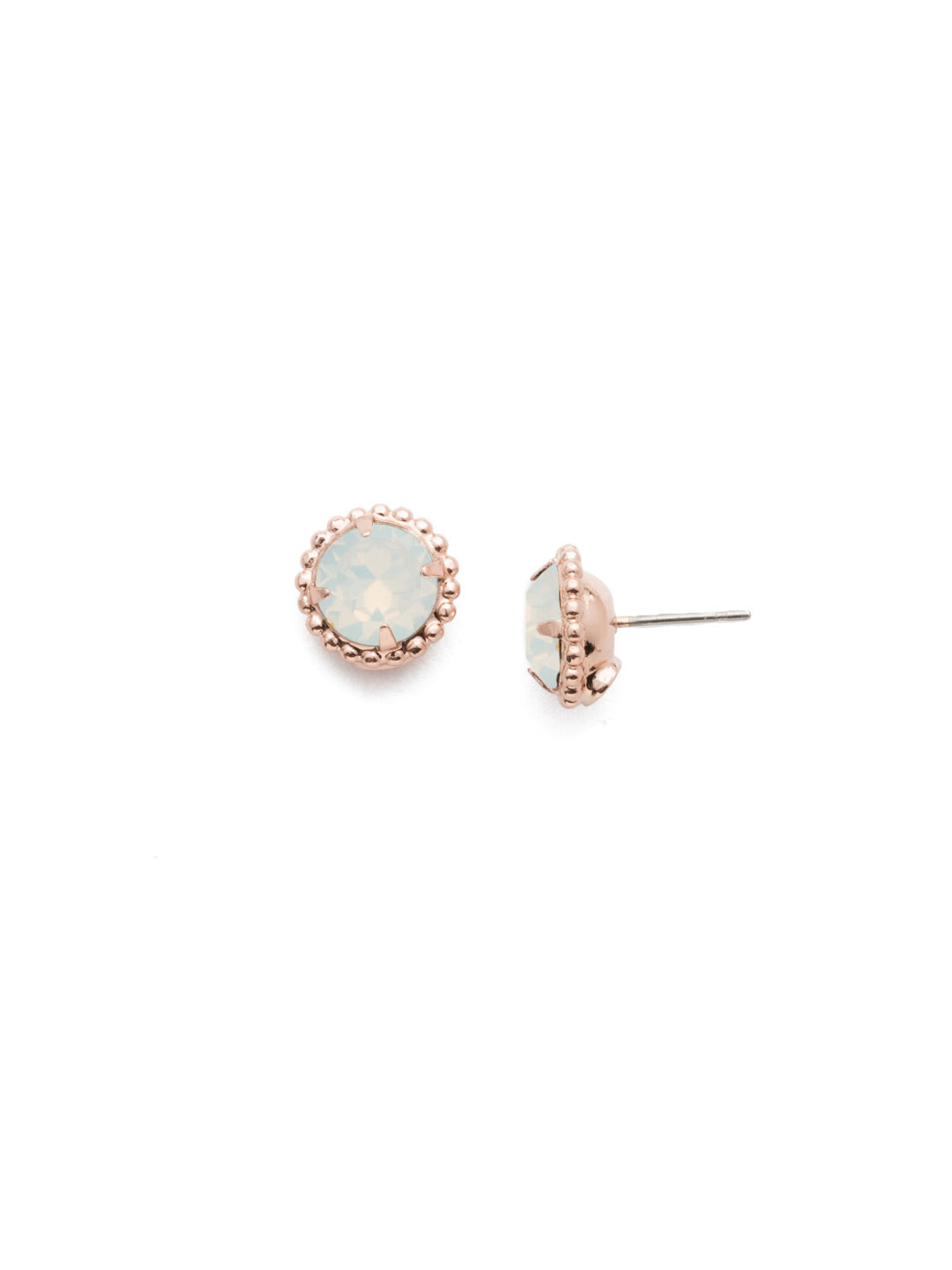 Simplicity Stud Earrings - EBY38RGWO - <p>A timeless classic, the Simplicity Stud Earrings feature round cut crystals in a variety of colors; accented with a halo of metal beaded detail. Need help picking a stud? <a href="https://www.sorrelli.com/blogs/sisterhood/round-stud-earrings-101-a-rundown-of-sizes-styles-and-sparkle">Check out our size guide!</a> From Sorrelli's White Opal collection in our Rose Gold-tone finish.</p>