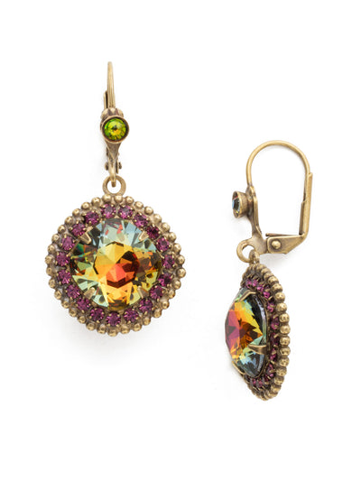 Cushion Cut Drop Dangle Earrings - ECB20AGVO - Behold graceful glamour at its finest. A cushion cut crystal surrounded by round gemstones hangs from a decorative hinge back clasp. From Sorrelli's Volcano collection in our Antique Gold-tone finish.